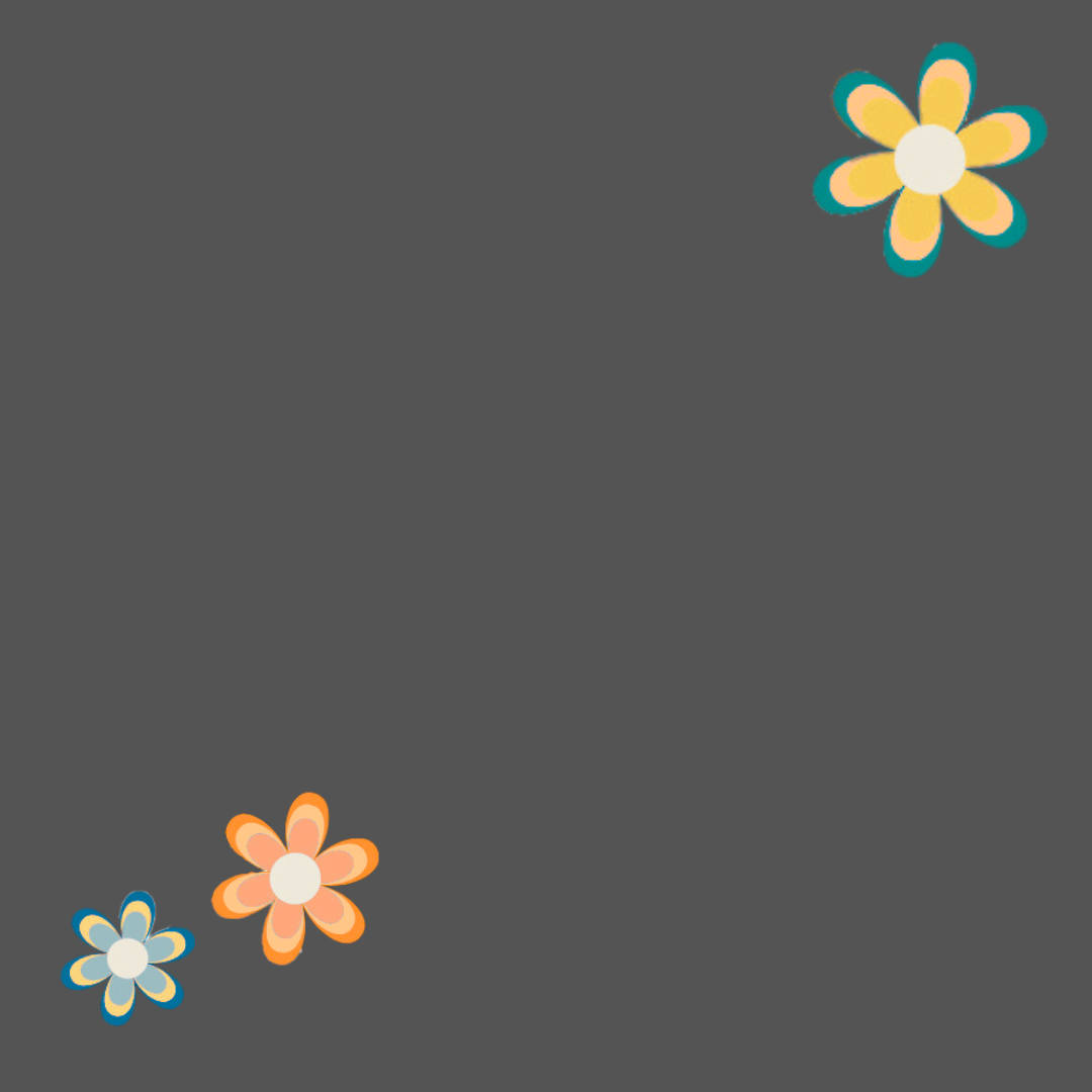 Brown background with yellow, orange and green 'flower power' flowers