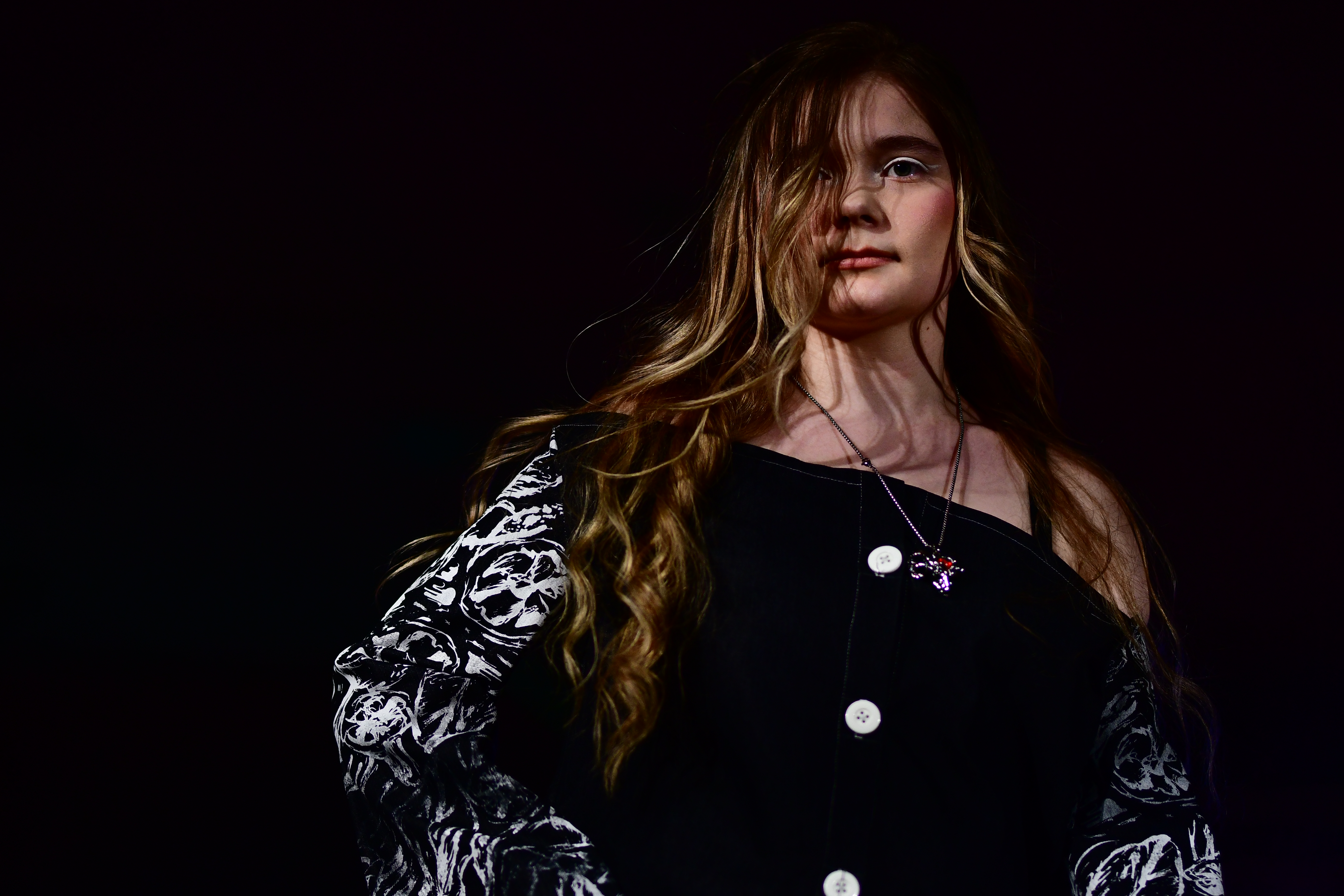 Close-up photo of a model wearing black
