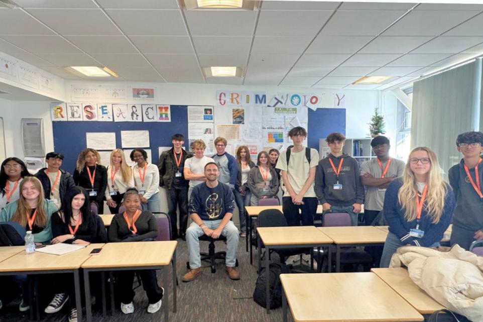 Dan Aldridge in A Level classroom with A Level students