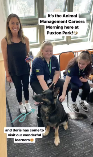 Animal Management learners and employer with Boris the dog