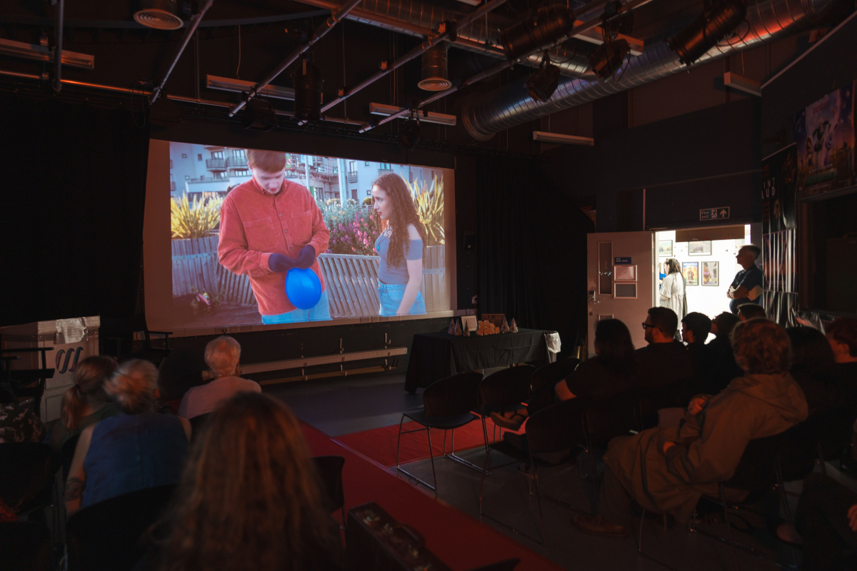 Media TV Studio set up like a theatre with the students' films playing