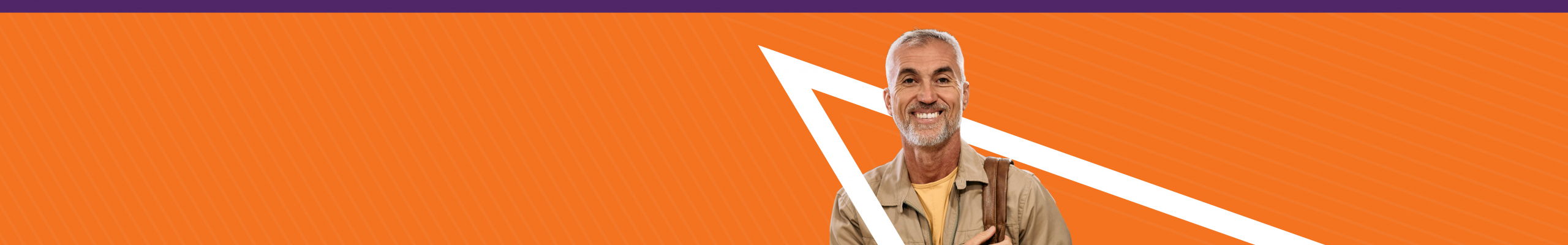 The image is a web header with an orange background, a purple top border, and a white geometric design. It features a smiling older man on the right, wearing a light brown jacket and carrying a shoulder bag.