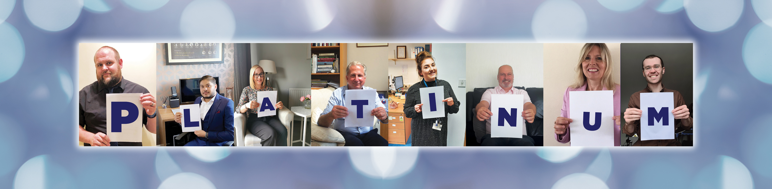 Members of staff holding letters spelling platinum at qweston college courses for school leavers in weston-super-mare