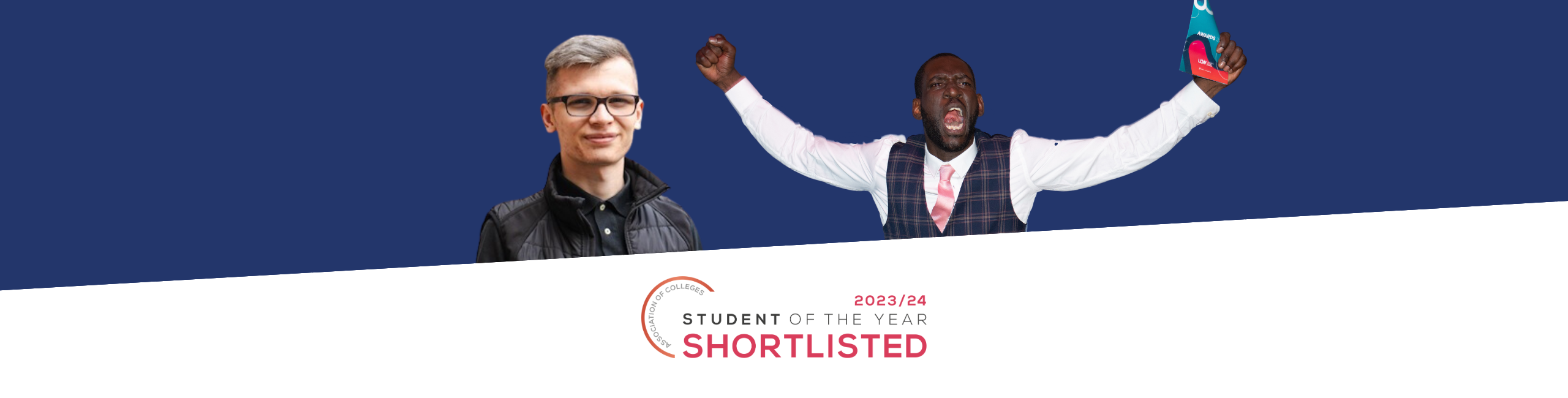 AoC Student of the Year text, with an image of Toby and Kam