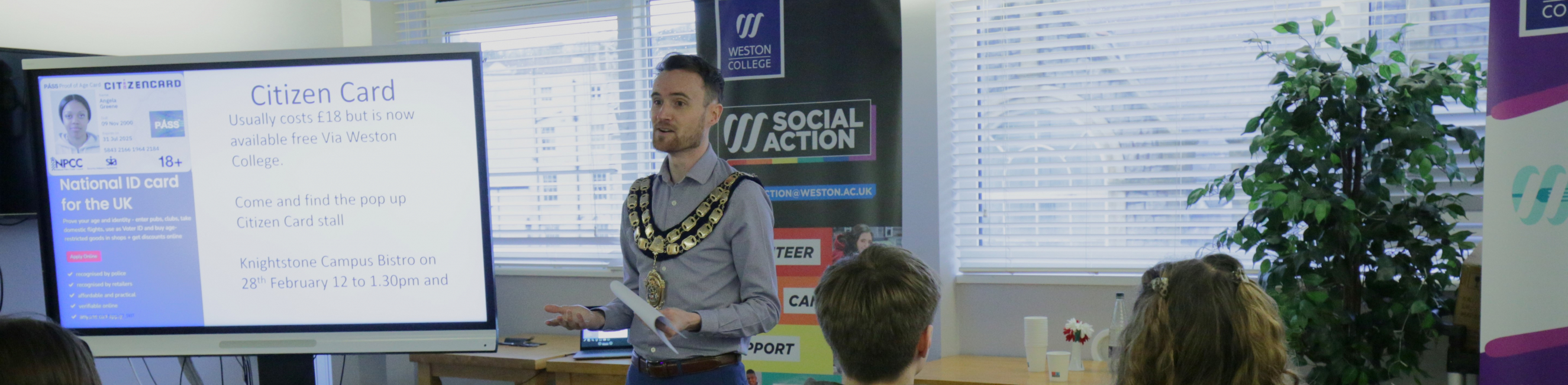 The Mayor of Weston delivering a talk about democracy and local government