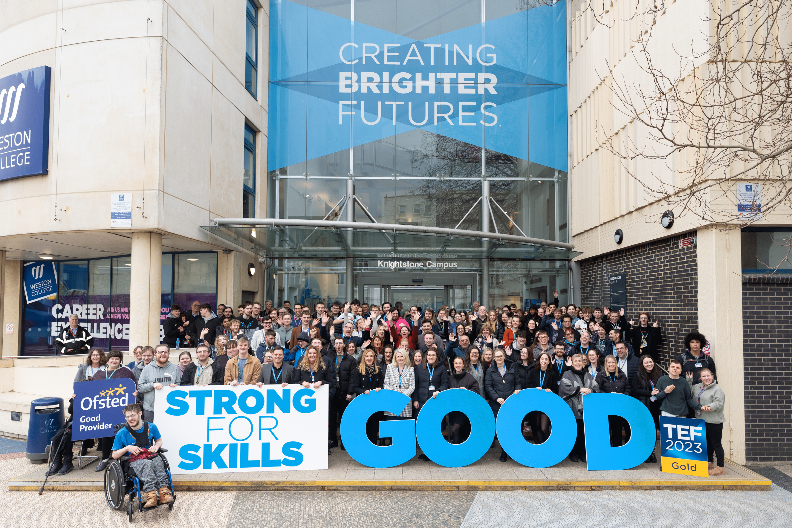 Learners and staff gathered together to celebrate Weston College's Ofsted achievement