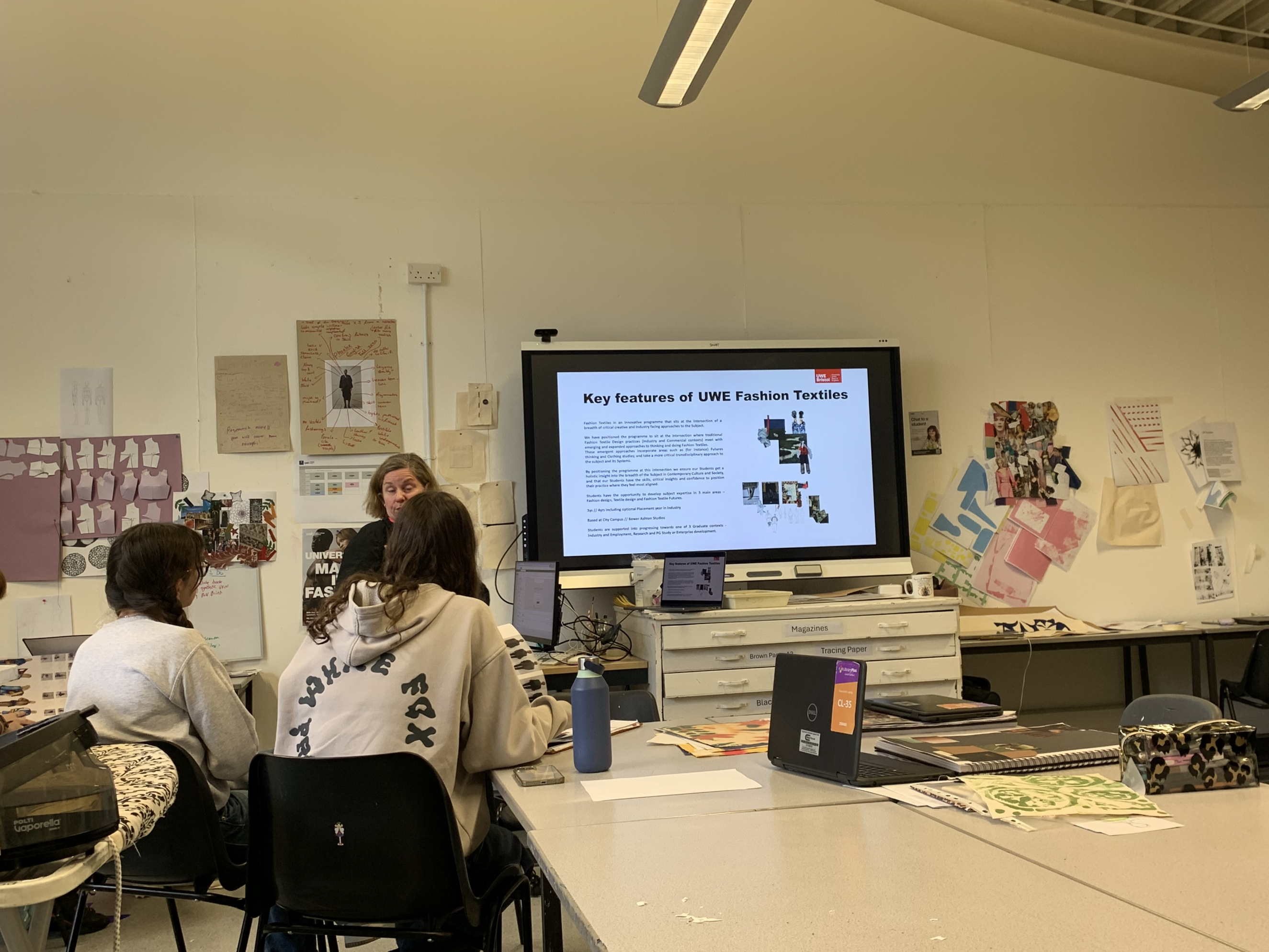 UWE Fashion Lecturer, Tracy, outlining the UWE fashion courses to learners 