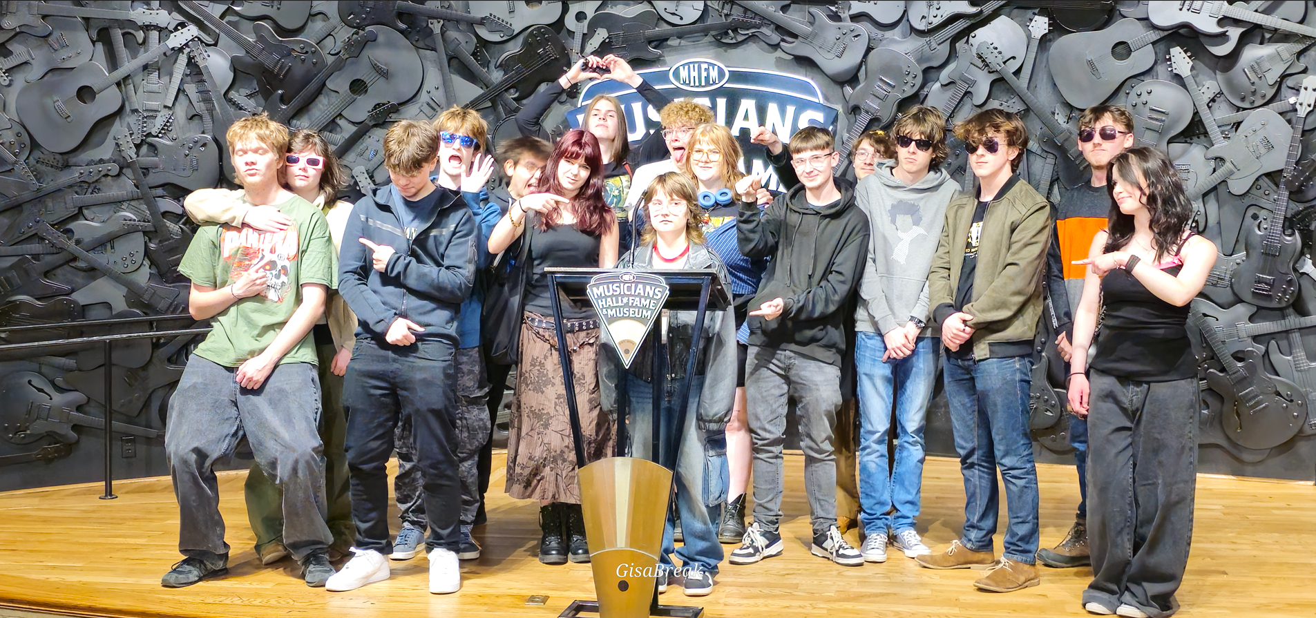 Group picture at Musicians Hall of Fame podium