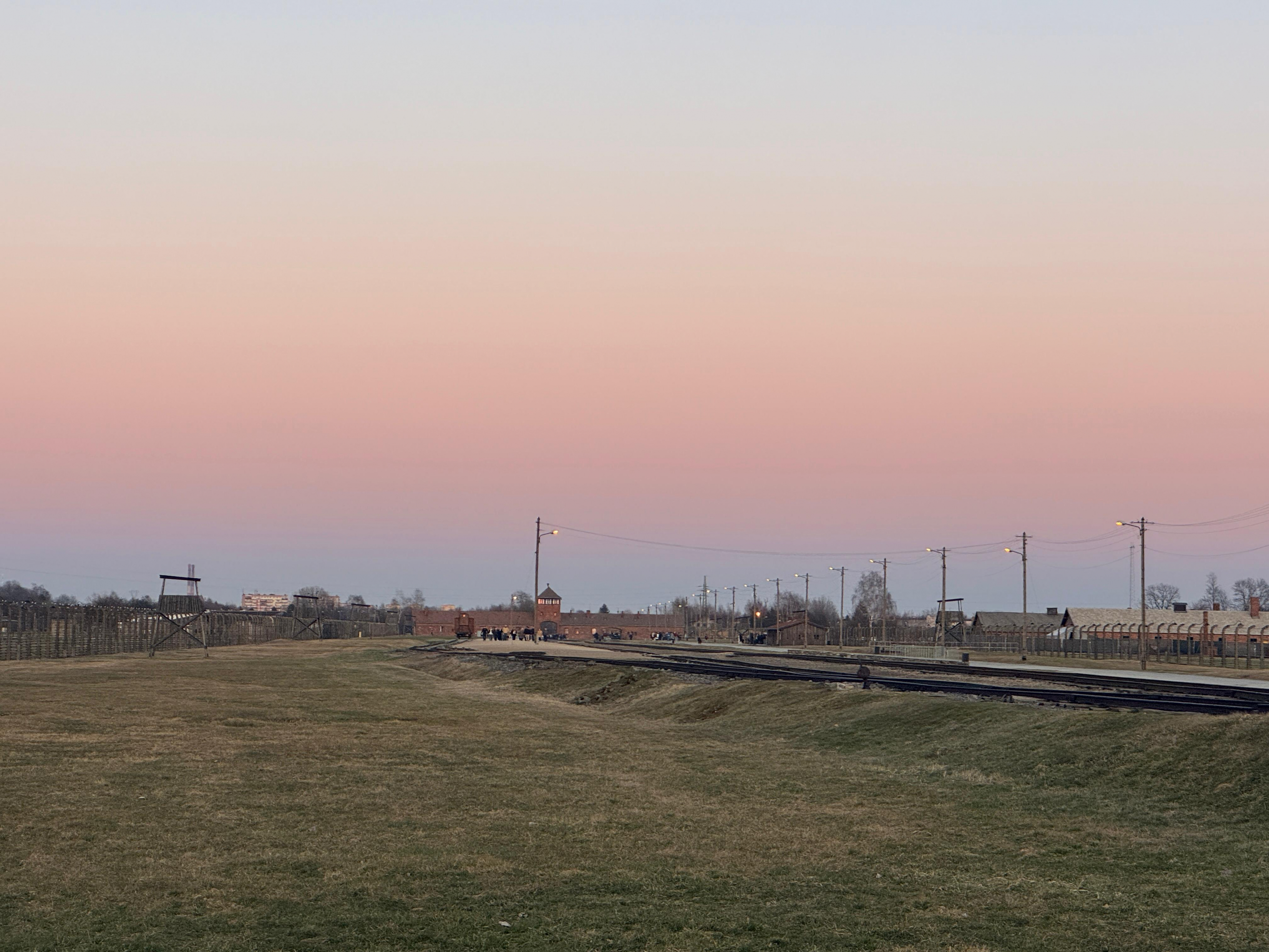 auschwitz-birkenau at sunset