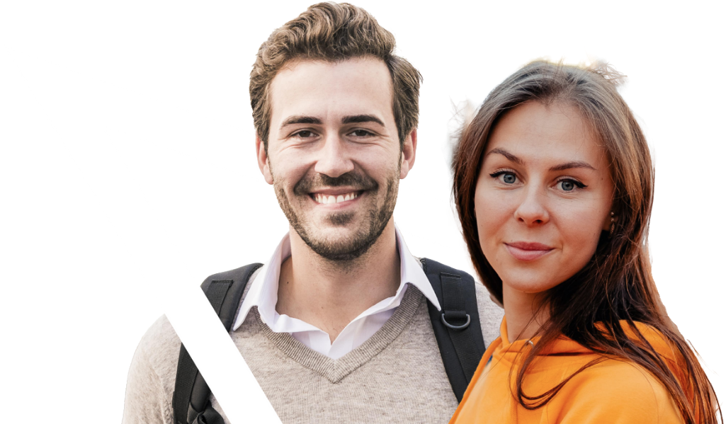 Smiling young man and woman standing together, both wearing casual clothing with backpacks, on a transparent background with a white geometric design.