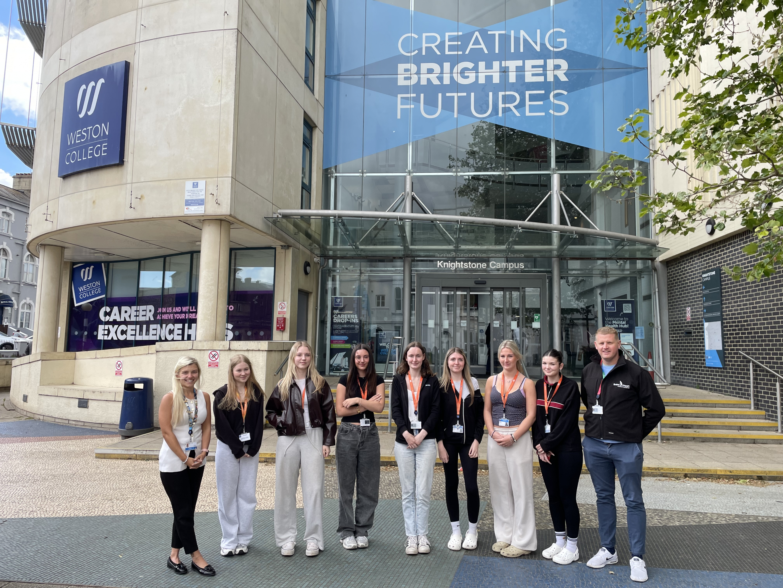 Students and Harry from Bristol Airport standing outside Knightstone campus