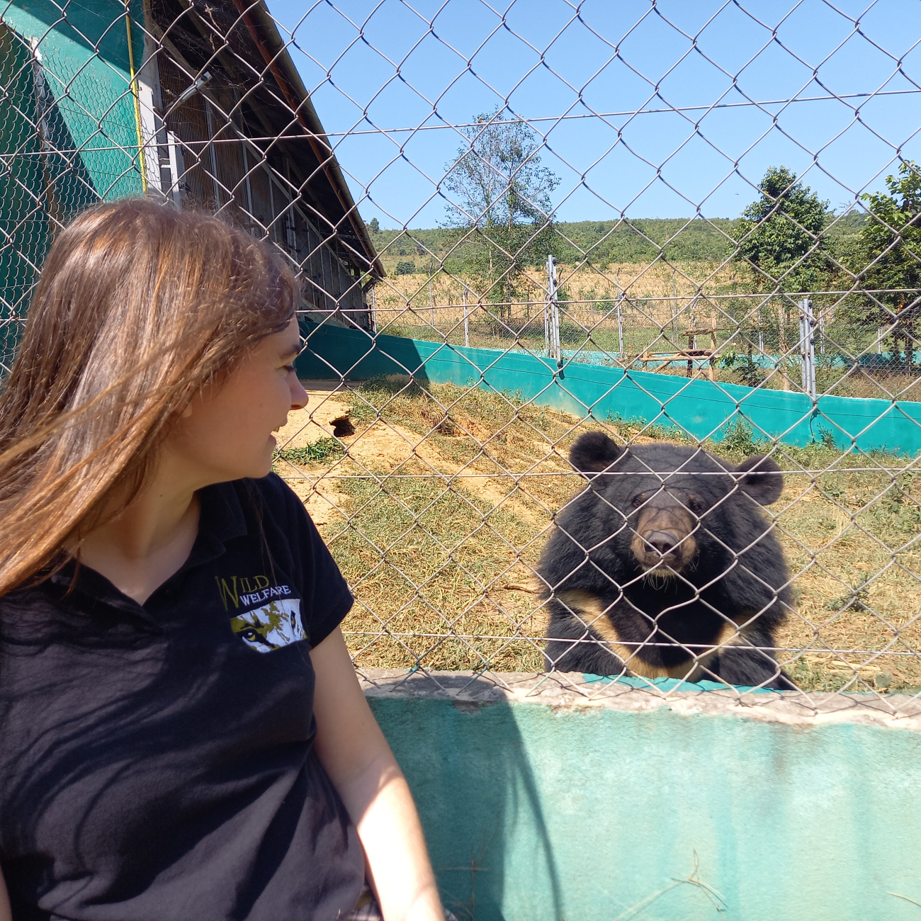 Sarah talking to a bear