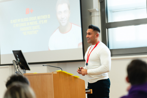 Guest speaker, Adz Khan, talking to the students