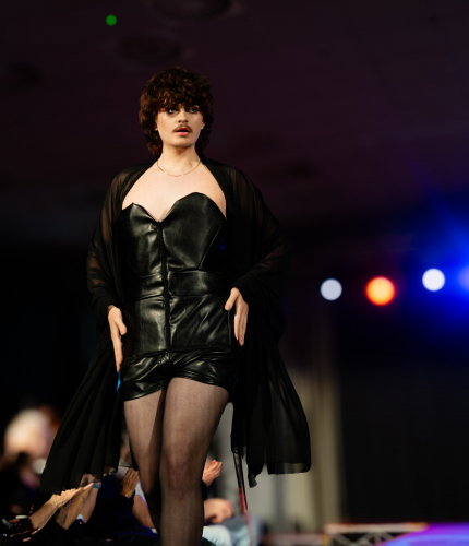One of our models wearing a leatherplaysuit