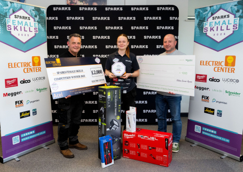 Gracie standing between two SPARKS Professionals holding two large cheques